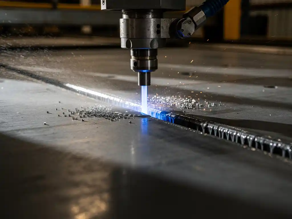 Vesileikkuusuihku leikkaa paksua teräslevyä teollisuusympäristössä, metallihiukkasia ja vesisuihkua ilmassa, lähikuva leikkuupäästä.