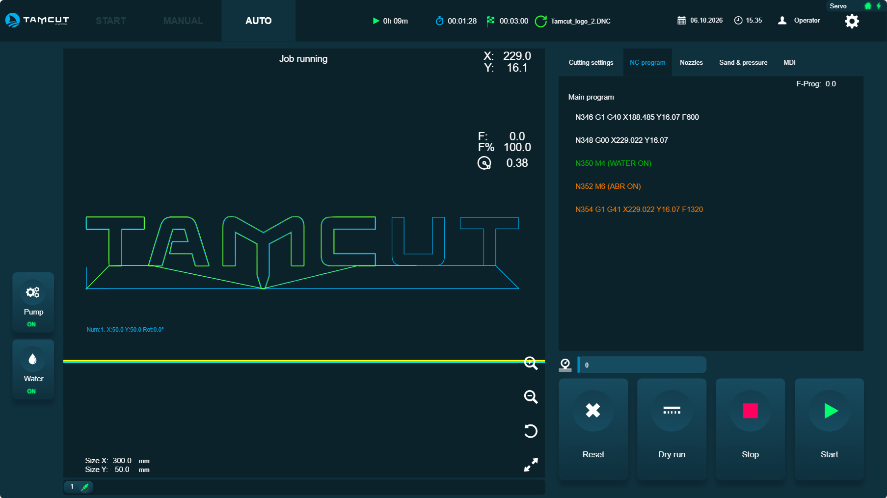 TamCut operating HMI